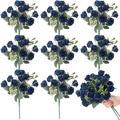 Zeyune 8 Pack 12 Inch Artificial Rose Bouquet, Navy Blue by Zeyune