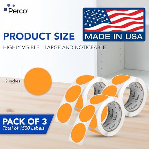 Perco Neon Orange Perforated Round Circle Dot Sticker 2-Inch Labels — 3 Rolls, 1,500 Stickers - Clearance, Sale & Limited-Time Offer Labels, High Visibility - Made in USA - Image 2