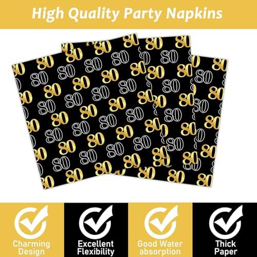 200PCS 80th Theme Birthday Party Tableware Vintage 1946 Party Supplies 80 year old Birthday Party Decorations Plates Napkins Forks Black and Gold Dinnerware Favors for Men or Women - Image 4