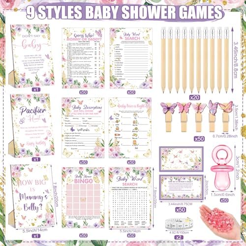 Sherr 476 Pcs Butterfly Baby Shower Games 6 Sets Activities Cards Pacifier Hunt Game 50 Pacifiers How Big Is Mommy's Belly Sign 50 Guessing Cards 2 Measuring Tape Don't Say Baby Sign 50 Clothespin - Image 3