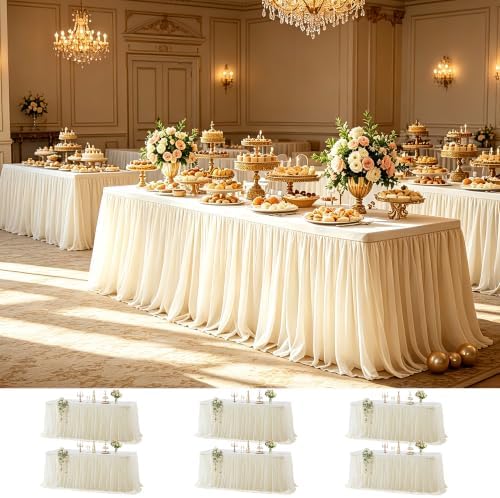 Wish Care 6 Pack Light Champagne Tulle Tablecloth for 6 Foot Rectangle Tables Ruffle Stretch Fitted Table Cloth Tutu Skirt Wrinkle Free Table Cover for Party Wedding Birthday Banquet Cake Tables Decor by WishCare
