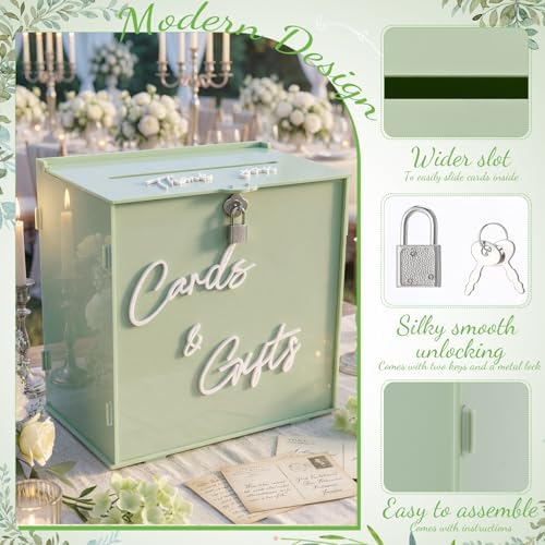 BreezeHug 10" Sage Green Acrylic Wedding Card Box with Lock & 3D Letters - Image 4
