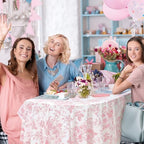 Ganeen 12 Pcs Pink Floral Plastic Tablecloth 84 Inch Round Tea Party Tablecloth Vintage Flower Disposable Pink and White Table Covers Waterproof for Birthday Wedding Baby Shower Decoration - Image 6