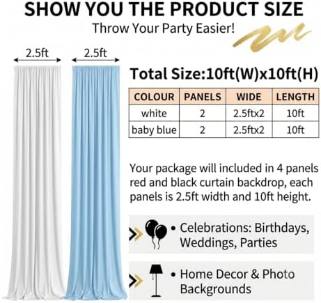 gogoparti 10x10ft Baby Blue and White Backdrop Curtains Panels for Parties Wedding Baby Shower Birthday Party Photography Background, Wrinkle Free Polyester Backdrop Curtains Drapes 4 Panel 2.5x10ft - Image 4