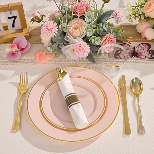 SUT 175 Pcs Pink and Gold Plastic Dinnerware Set for 25 Guests, Include: 25 Dinner Plates, 25 Dessert Plates, 25 Pre Rolled Napkins With Silverware, 25 Cups, Disposable Plates for Baby Shower, Party - Image 5