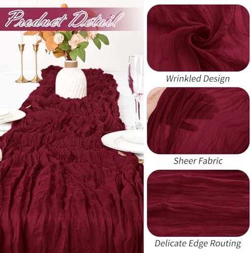 30 Pack Burgundy Cheesecloth Table Runner 17 x 108 inch Cheese Cloth Table Runners 9ft Burgundy Table Runner Rustic Romantic Sheer Gauze Runner for Wedding Party Baby Shower Table Decoration - Image 3