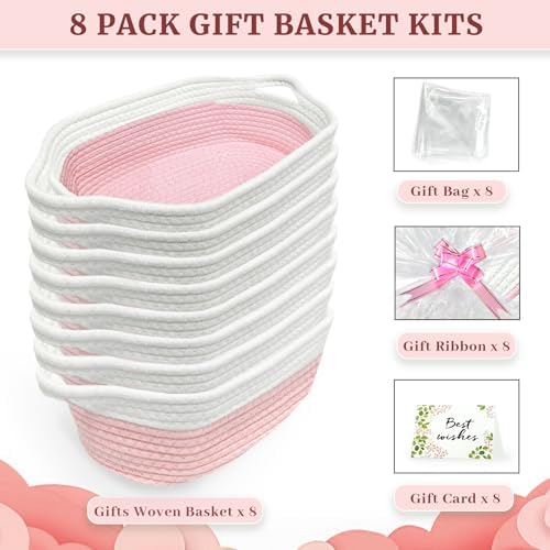 8 Pack Small Woven Baskets with Gift Bags & Ribbons & Cards, Cotton Rope Durable Storage with Handles 12"x8"x5" Empty Gift Baskets for Mother's Day, Baby Showers, Birthdays & Raffle (Pink) - Image 2