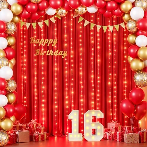10x10ft Red Backdrop Curtains with Lights Photo Drapes Wrinkle Free Fabric Backdrop Curtain for Wedding Birthday Party Baby Shower Bridal Shower Home Party Background Decorations - Image 4