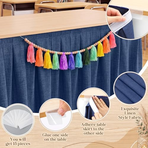 Tingjoo Dark Blue 9 ft X 30'' Teacher Desk Skirts Linen Textured Desk Tablecloth Skirts Pleated Office Decor Back to School Supplies for Classroom School Office Rectangular Round Table Cover - Image 4