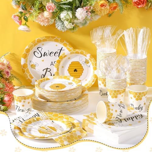 FillTouch 350 Pcs Bee Party Tableware for 50 Guests Baby Shower Bee Paper Plates Disposable Napkins Cups Plastic Knives Fork Spoon for Birthday Wedding - Image 5