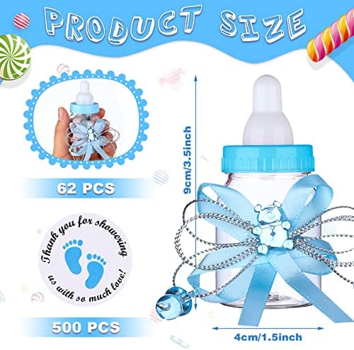 62 Pcs 3.5 Inch Baby Mini Milk Bottle Baby Shower Favor with 500 Adhesive Thank You for Showering Stickers, Small Plastic Bear Candy Bottle with Ribbon for Boy Girl Newborn Baptism Party Decor (Blue) - Image 2