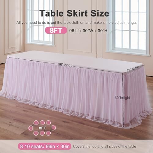 familus 8ft Pink Spandex Fitted Tablecloth with Tulle Table Skirt - 2-in-1 Structured Tutu Table Cover for Weddings, Trade Shows, Banquets & Sweetheart Tables - Image 3
