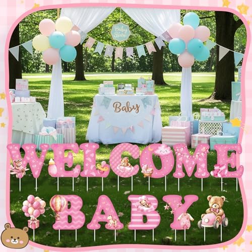 Chumia 13 Pcs Welcome Baby Yard Signs Baby Shower Yard Sign with Stakes, 15 Inch Tall Girl Boy Lawn Sign Gender Reveal Outdoor Decoration Welcome Newborn Announcement for Party Decorations(Pink) - Image 5