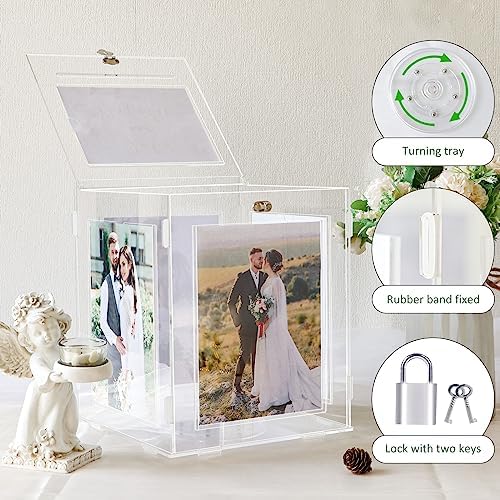 Acrylic Wedding Card Box with Picture Frame, Clear Gift Card Box for Wedding Reception, Large Rotatable Money Envelope Card Box Holder with Lock for Graduation Party Birthday Baby Shower - Image 5