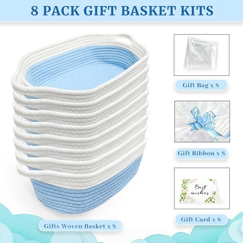 8 Pack Small Woven Baskets with Gift Bags & Ribbons & Cards, Cotton Rope Durable Storage with Handles 12"x8"x5" Empty Gift Baskets for Mother's Day, Baby Showers, Birthdays & Raffle (Blue) - Image 2