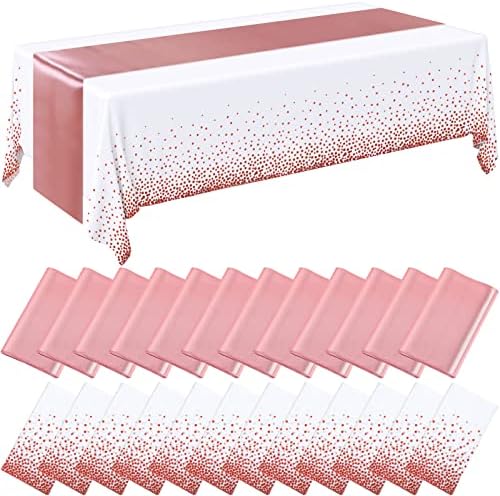 Breling 24 Pack White and Rose Gold Tablecloths and Satin Table Runner Set by Breling