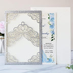 Hosmsua 50PCS Personalized Silver Glitter Quinceanera Invitations Kit 5.1x7.3 Inch Laser Cut Floral Crown Pocket Quinceanera Invitation Cards with Envelopes for Birthday Quince Invitation - Image 3