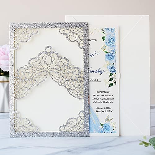 Hosmsua 50PCS Personalized Silver Glitter Quinceanera Invitations Kit 5.1x7.3 Inch Laser Cut Floral Crown Pocket Quinceanera Invitation Cards with Envelopes for Birthday Quince Invitation - Image 3