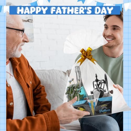 Funnymoom 24 Pcs Happy Father's Day Basket for Gifts Empty 9.8x6.5'' Blue Black Men's Suits Dad Gift Market Tray Cardboard Basket with Handle, Transparent Bag and Gold Bows for Holiday Birthday Party - Image 5