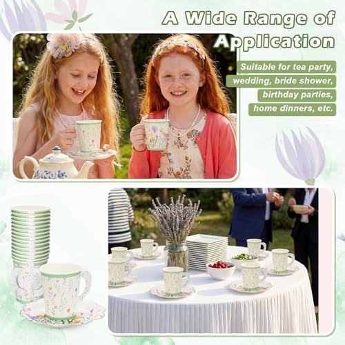 FillTouch 100 Sets Wildflower Floral Paper Tea Cups and Saucers Disposable Paper Tea Party Supplies 9 oz Cups with Handle and Saucer for Birthday Wedding Party Decorations - Image 4