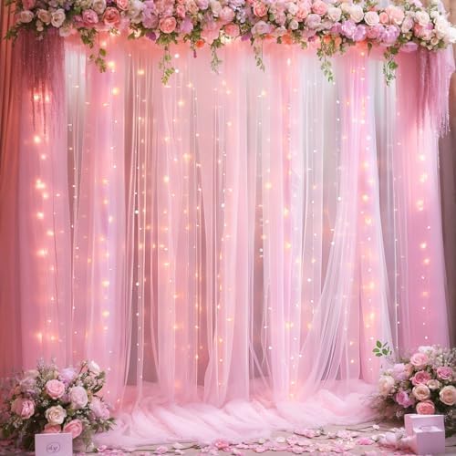 20ft x 10ft Pink Tulle Photo Backdrop Curtain with Lights String for Baby Shower Sheer Baby Pink Curtain Backdrop for Birthday Party Wedding Photo Booth Photography Background Decorations - Image 3