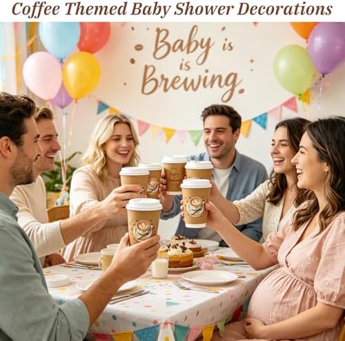 50 Set Baby Is Brewing Coffee Cups with Lids - Baby Is Brewing Shower Decor, 14 oz Disposable Cups Bulk Coffee Themed Party Supplies for Guests Gender Reveal Party Decorations - Image 4