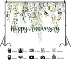 Leowefowa 10x6.5ft Happy Anniversary Backdrop Green Eucalyptus Leaves Photography Background Wedding Bridal Decorations Surprise Shower Gender Reveal Photo Party Banner Photo Booth Props - Image 2