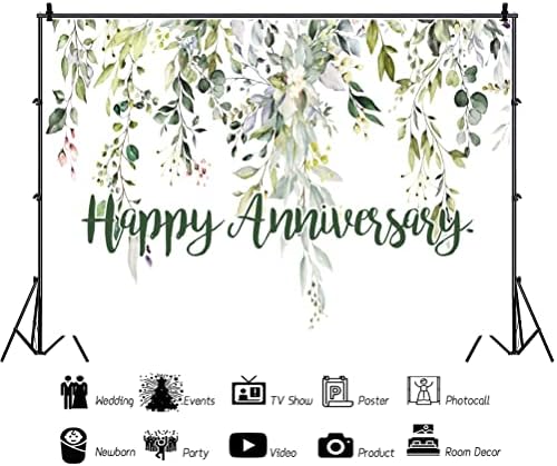 Leowefowa 10x6.5ft Happy Anniversary Backdrop Green Eucalyptus Leaves Photography Background Wedding Bridal Decorations Surprise Shower Gender Reveal Photo Party Banner Photo Booth Props - Image 2