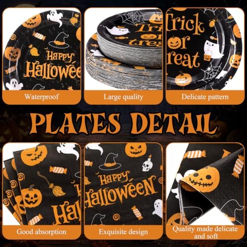 250 Pcs Halloween Party Supplies, Paper Plates Napkins and Cups, Black - Image 2