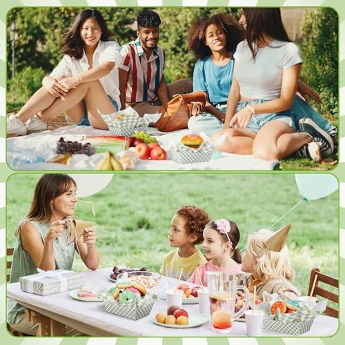 Geosar 200 PcsGingham Paper Food Tray with Wax Paper,Green White - Image 7