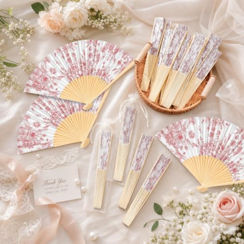 Vercraft 25 Sets Pink Floral Folding Fans, Wedding Favors for Guests - Image 2
