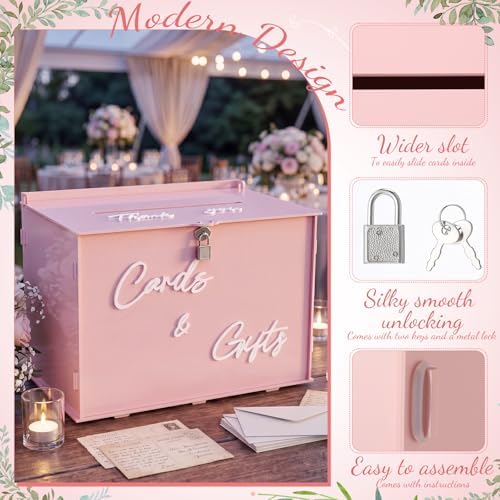 BreezeHug 14" Pink Acrylic Wedding Card Box with Lock & 3D Letters - Image 4