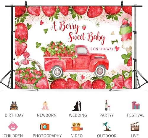 12x8ft Baby Shower Backdrop A Berry Sweet Baby is On The Way Photography Background Pink Strawberry Truck Banner Decorations Ice Cream Bowknot Girls Kids Newborn Party Photo Booth Prop - Image 3