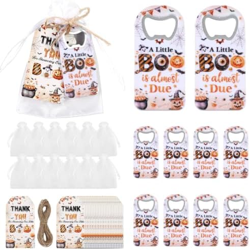 24 Sets Halloween Bottle Openers Baby Shower Party Favors, Orange Blue Bottle Opener Keychain Set with Thank You Tags Organza Bags for A Little Boo Is Almost Due Party Guest Gifts Decor by CORNERLACE