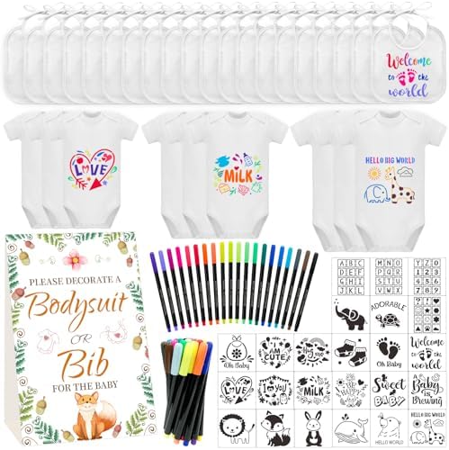 Bibs Bodysuits Baby Shower Game Sign Set Newborn Onesies Feeder Gift Fabric Marker Stencils Kit by Aisharery
