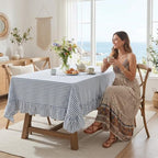 Eternal Beauty Striped Ruffled Tablecloth 60x120 Inch Blue White - Image 3