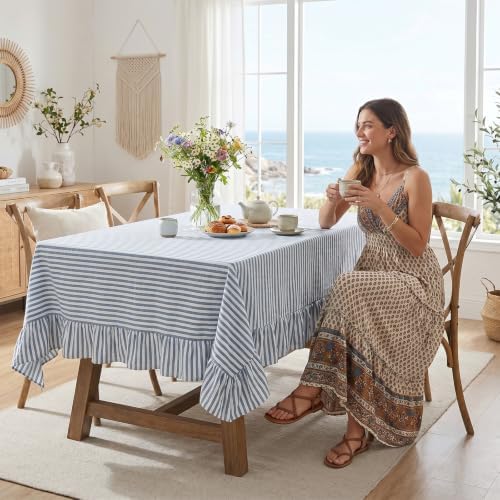 Eternal Beauty Striped Ruffled Tablecloth 60x120 Inch Blue White - Image 3