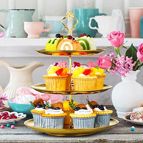 Yaomiao 2 Sets Gold 3 Tier Serving Tray with Base Stainless Steel Tiered Cupcake Stand Dessert Table Display Set Cup Cake Tier Stand Metal Cupcake Tower Fruit Dessert Holder Wedding Serving Platter - Image 5