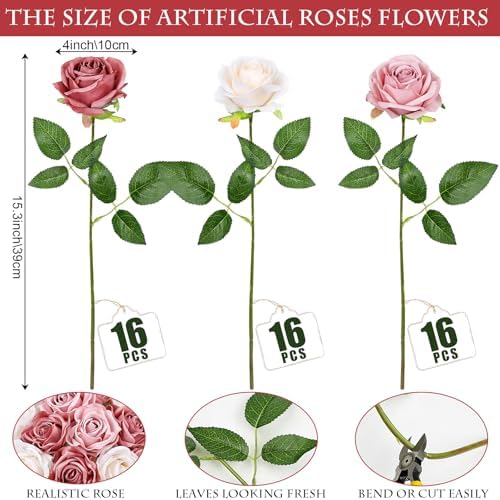 48 PCS Roses Artificial Flowers Champagne & Dusty & Dark Pink - Image 2
