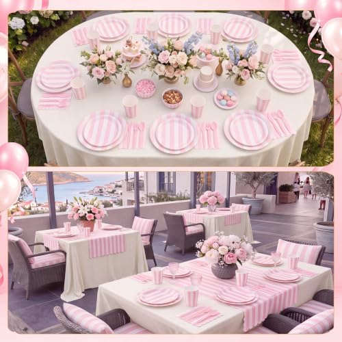 Mimorou 350 Pcs Pink White Striped Party Tableware for 50 - Image 6