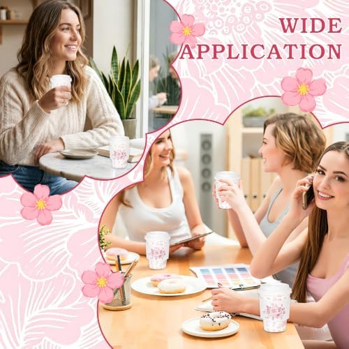 50Pcs Pink Floral Disposable Coffee Cups with Lids and Sleeves - Image 7