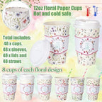 Jingmore 48 Sets 16oz Disposable Paper Coffee Cups with Lids Sleeves Straws Holiday Paper Drinking Cups Bulk for Hot Cold Beverages Home Business Cafe Birthday Party Supplies (Boho Flowers) - Image 2