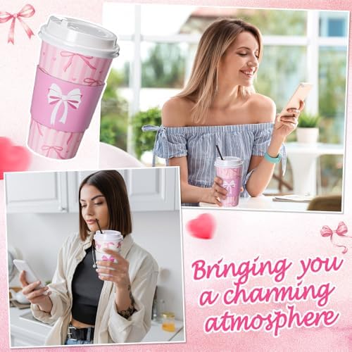 Jingmore 100 Set Pink Bow Coffee Cups with Lids, Straws and Sleeves Pink Bowknot Disposable Drinking Cup for Wedding Coquette Birthday Baby Shower Bachelorette Party Supplies (16 oz) - Image 4