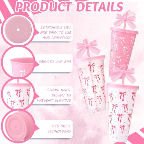 Skylety 24 Pcs Pink Bow Plastic Cups with Lid Straw and Ribbon - Image 3
