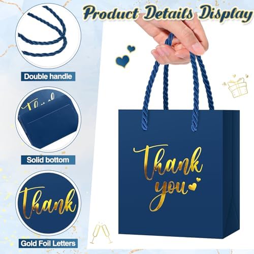 Honoson 60 Pcs Mini Thank You Gift Bag with Handle Bulk,Navy Blue - Image 3