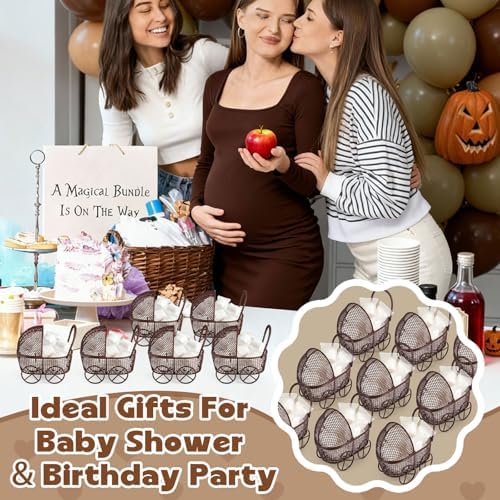 Threehoney 12 Pcs Baby Shower Mini Carriage Decoration Brown Highland Cow Color Metal Wired Fillable Candy Stroller Baby Shower Table Centerpiece for Guest Gender Reveal Wedding Party Favor Gift - Image 4