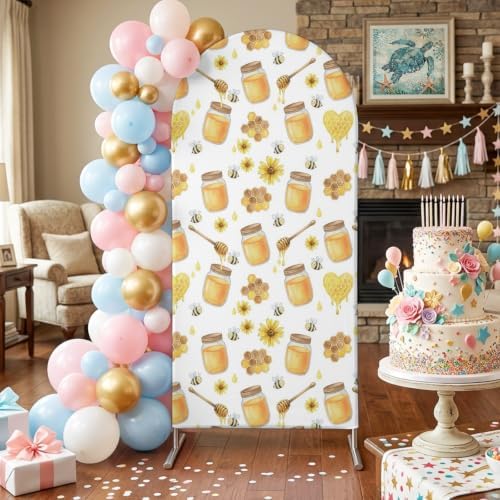 Arch Backdrop Cover for Wedding Modern Honey Bees 7.2FT Stretch Spandex Party Arch Cover, Fabric Backdrop Banner for Baby Shower, Birthday, Bridal Shower Decor Country Honeycomb Flowers White - Image 3