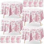 Ganeen 12 Pcs Pink Floral Plastic Tablecloth 84 Inch Round Tea Party Tablecloth Vintage Flower Disposable Pink and White Table Covers Waterproof for Birthday Wedding Baby Shower Decoration by Ganeen