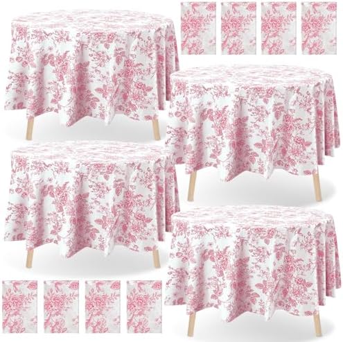 Ganeen 12 Pcs Pink Floral Plastic Tablecloth 84 Inch Round Tea Party Tablecloth Vintage Flower Disposable Pink and White Table Covers Waterproof for Birthday Wedding Baby Shower Decoration by Ganeen