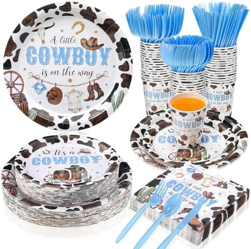 Ziliny 350 Pcs Western Cowboy Baby Shower Party Supplies a Cowboy Is on the Way Baby Shower Paper Plates Napkins Cups Disposable Western Party Tableware Plastic Cutlery Serves 50 Guest by Ziliny